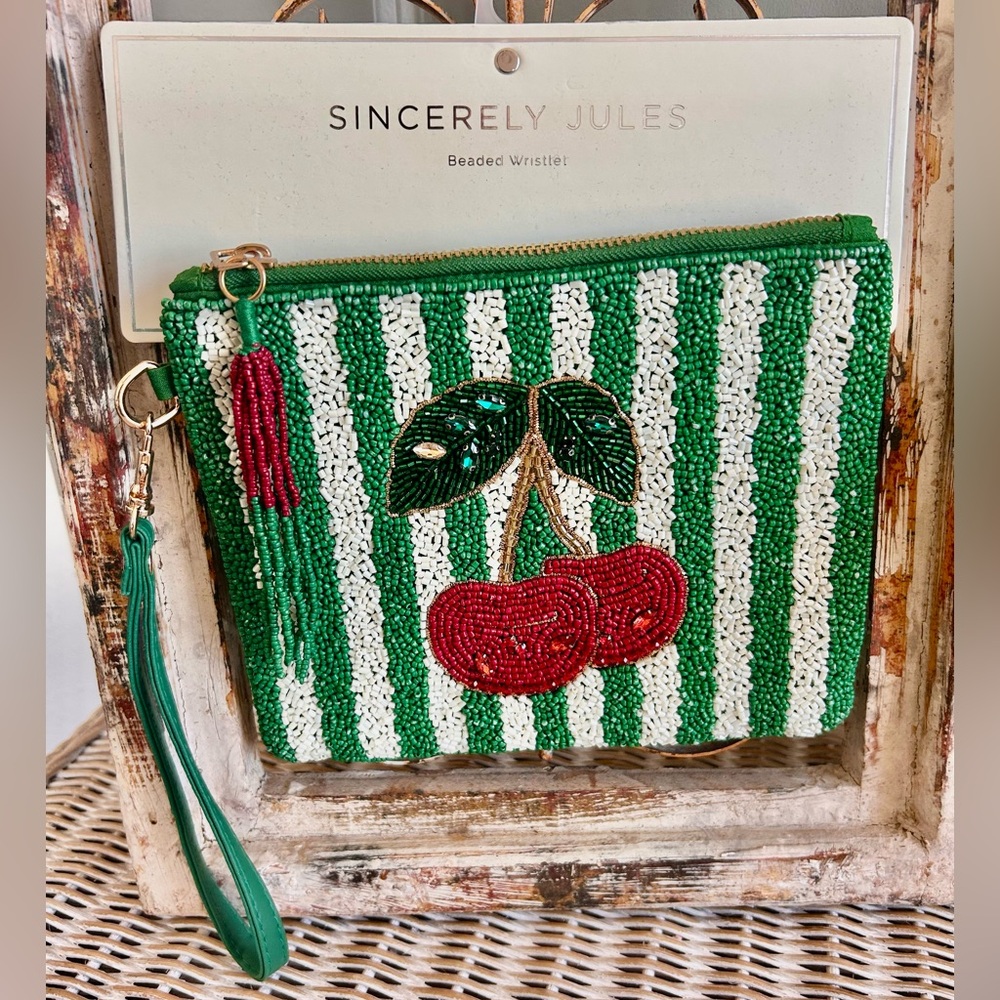 Sincerely Jules beaded cherry wristlet striped pouch beaded cherry design